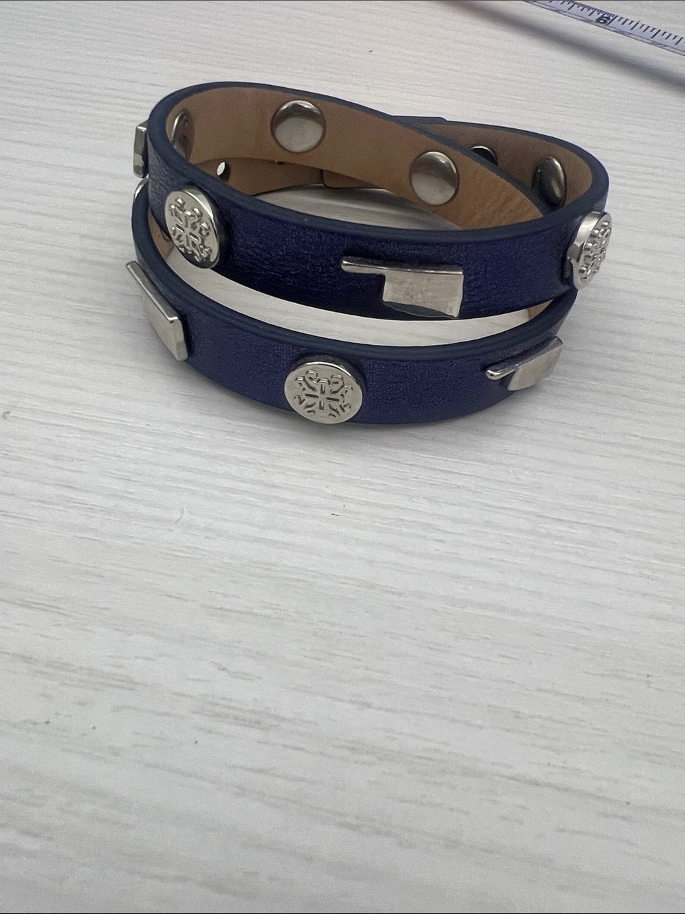Rustic Cuff Navy Double Wrap Leather Bracelet with Silver with Oklahoma state